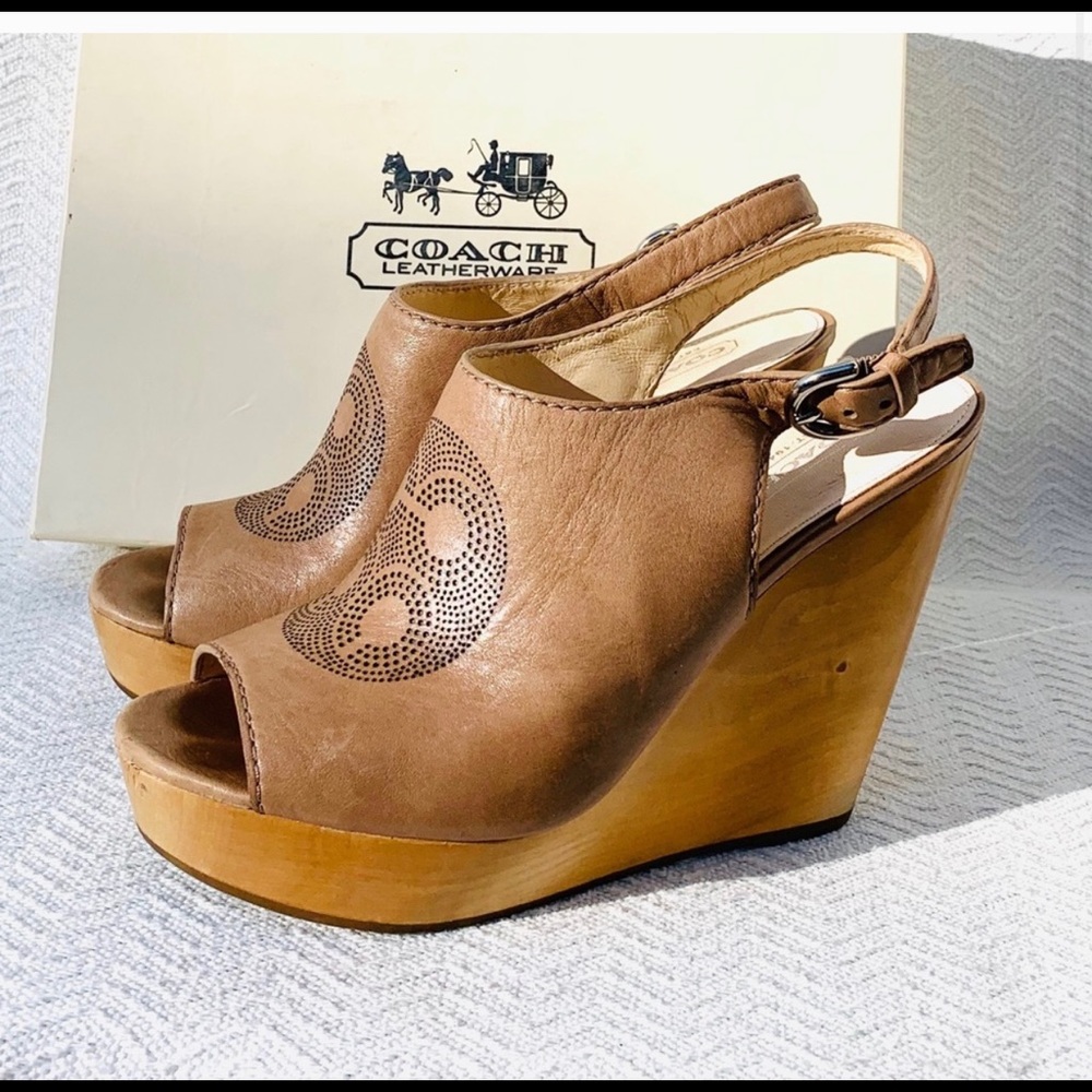 Coach Beige Logo Wood Wedge 7.5